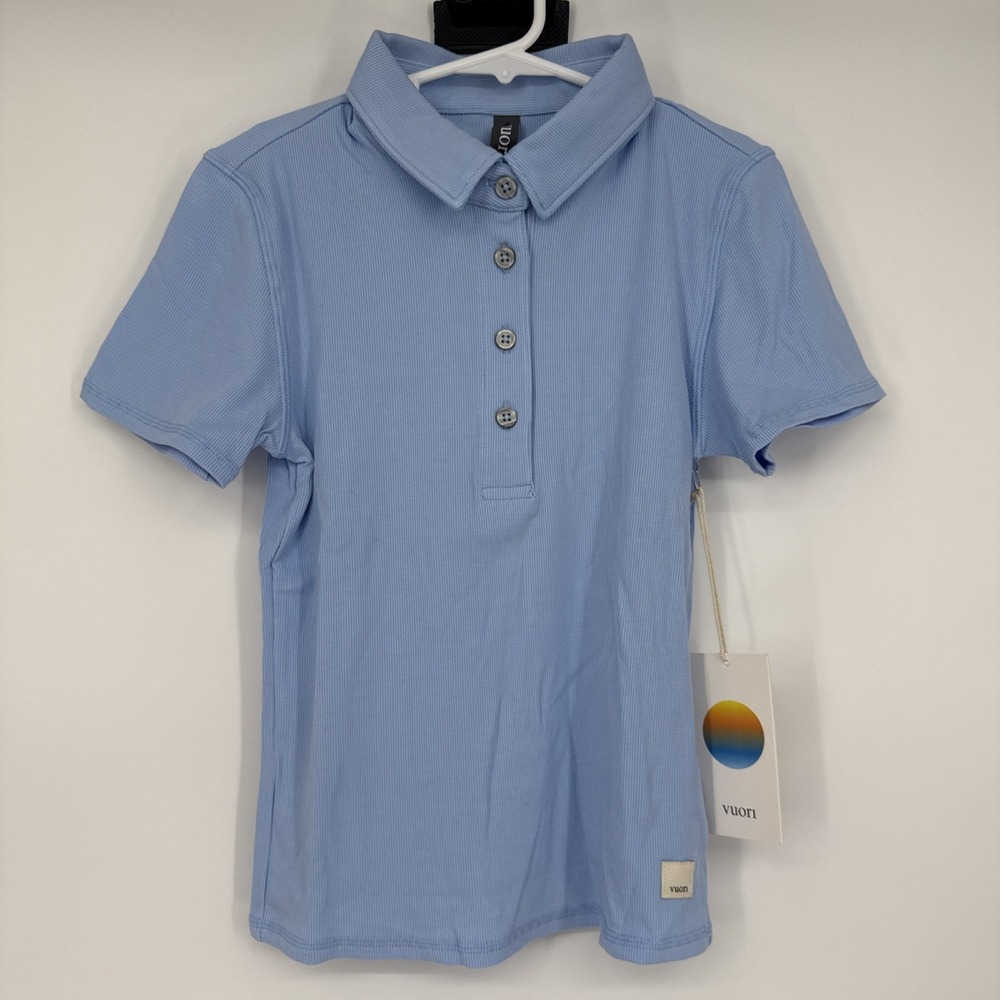 NWT Vuori Pose Fitted Polo Shirt Women XS Blue Rib Knit Tennis Golf Pickleball